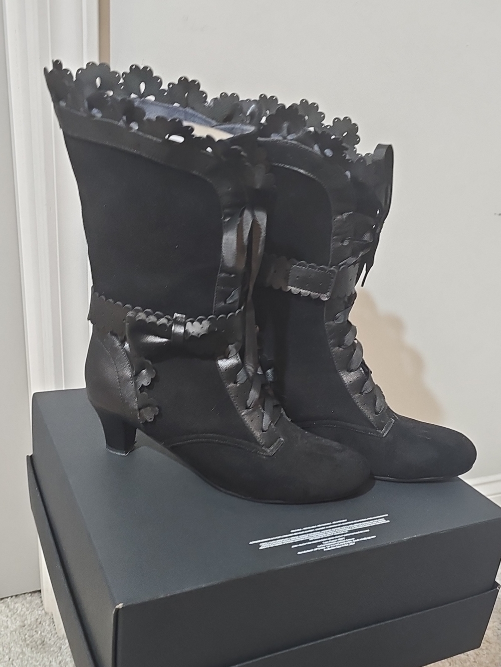 Black Lace-Trim Suede Mid-Heel Ankle Boots